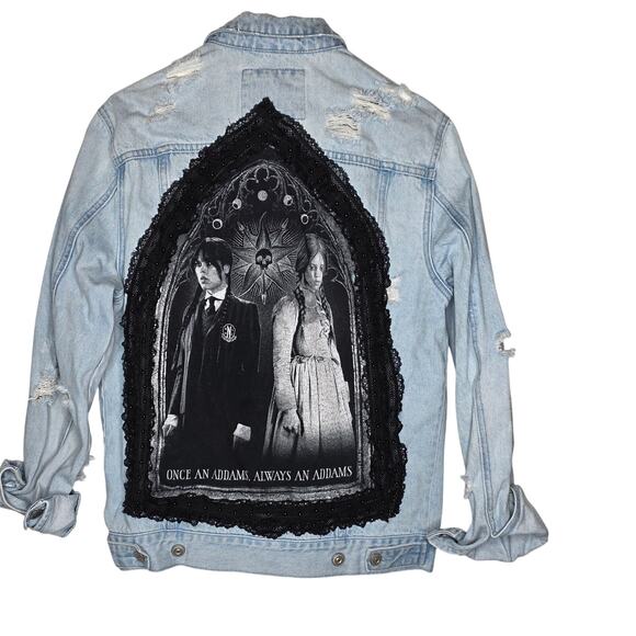 One Of A Kind Upcycled Reworked Wednesday Addams Denim Jacket Sz S - Picture 1 of 10